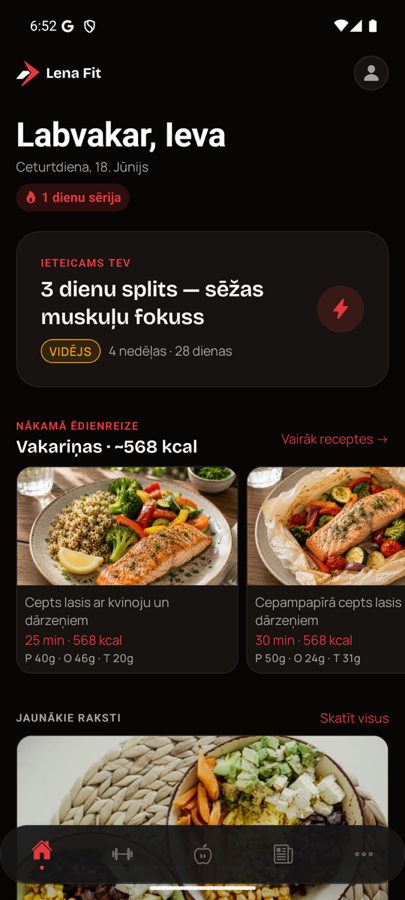 Lena Fit sākuma ekrāns ar šodienas treniņu un ēdienreizēm